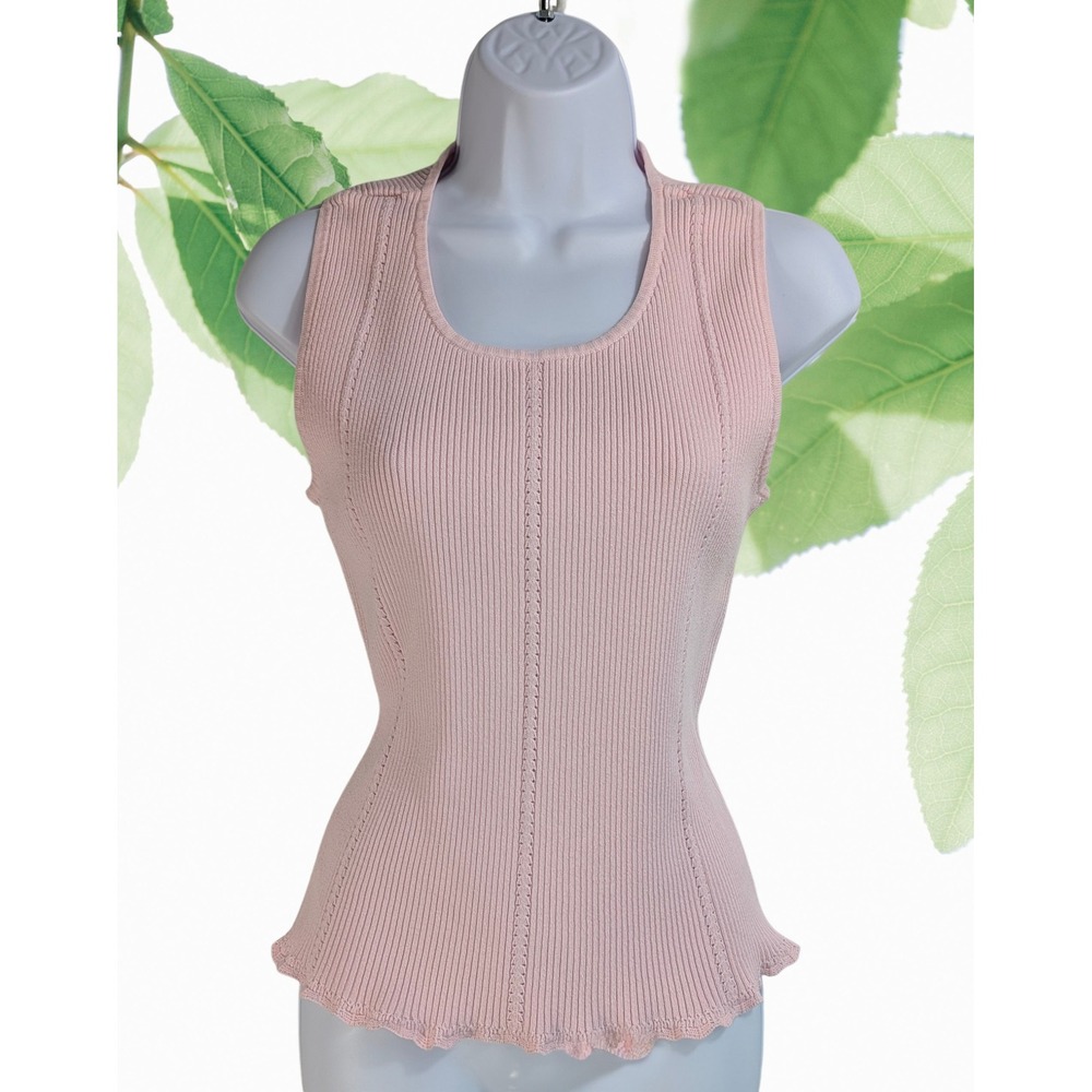 Crystal Kobe Sz L Pink Cotton Knit Tank Top Dainty Y2K Feminine Neck Scallop hem